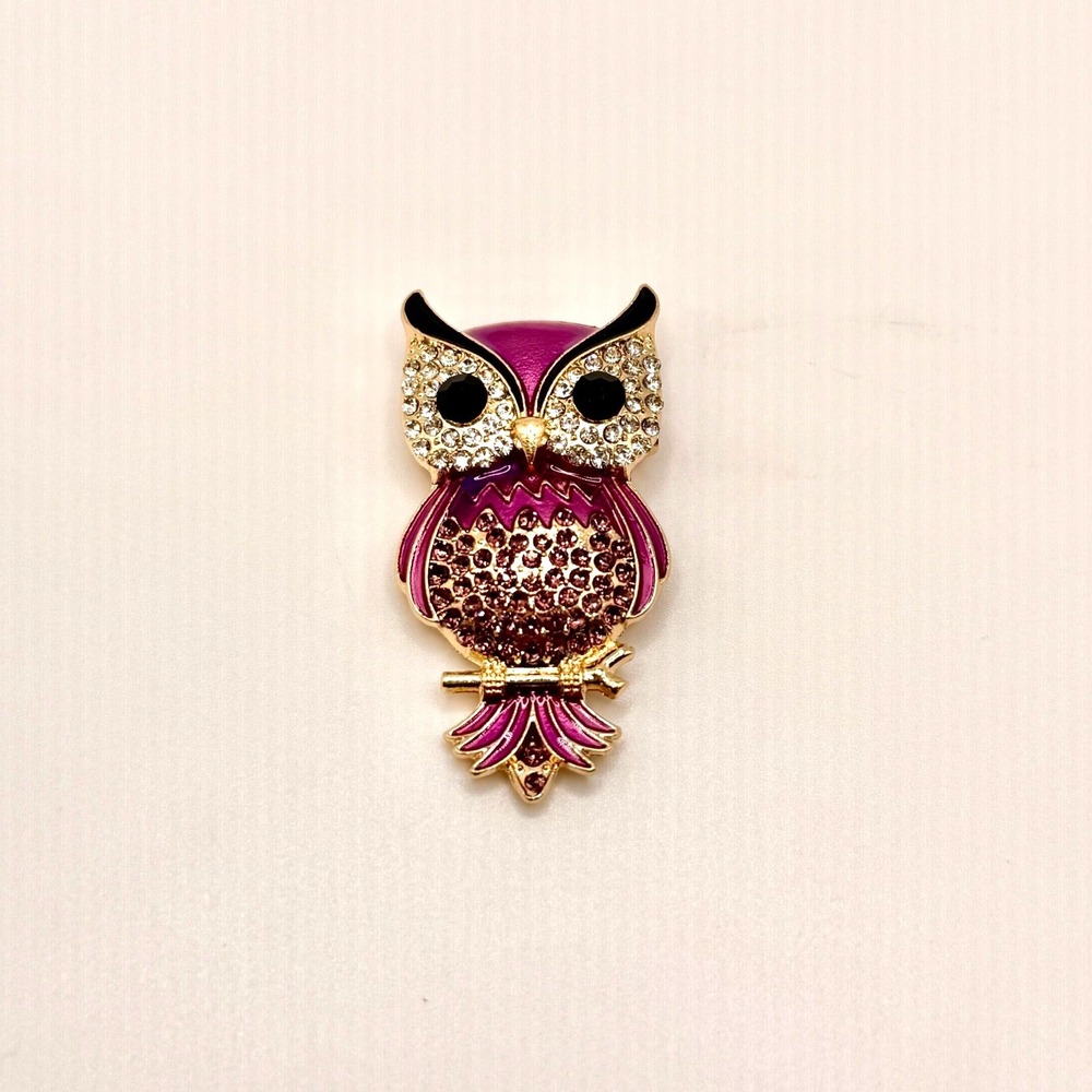 Mint Owl Brooch Pin Gold Tone Metal Dark Fuchsia Rhinestone Crystal Animal 2"